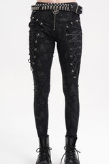 Black Skull Rivets Lace-Up Women's Punk Pants - Black - 1