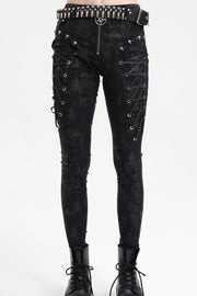 Black Skull Rivets Lace-Up Women's Punk Pants - Black - 1