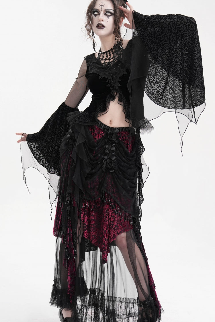 Black/Purple Tassels Mesh Women's Gothic Long Skirt - Product - 7