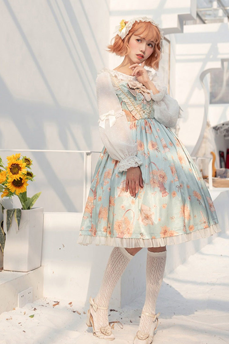 Grüne Miss Sunflower, ärmellos, bedruckt, Rüschenschleife, süß (Kleid einzeln), Vorderansicht