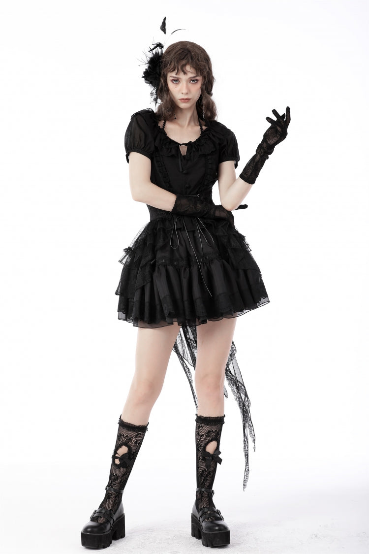 Black Lace-Up Multi-Layered Lace Women's Gothic Fishtail High Low Tunic Skirt - Product - 9