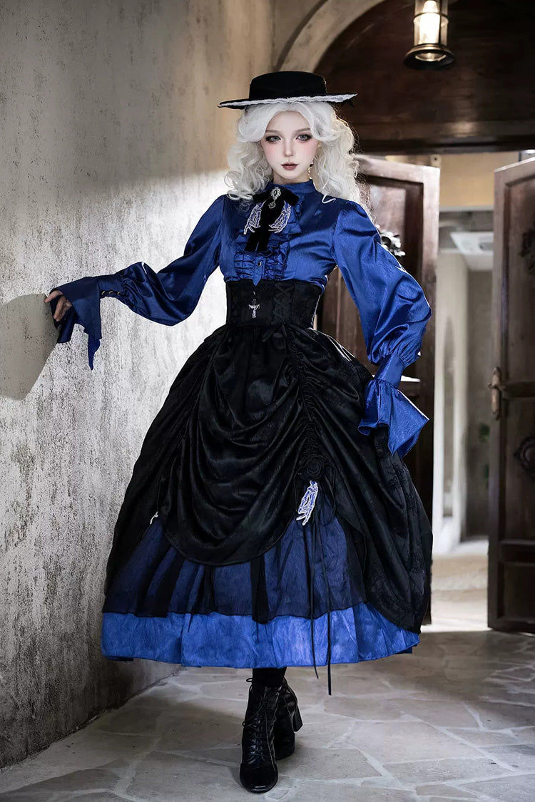 Black/Blue [Moonlit Return] Printed Boned Gothic Elegant Lolita Skirt - Product - 2