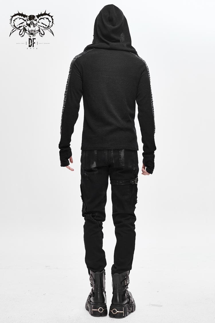 Black Chest Lace Up Vertical Stripes Woolen Splice Bright Crimped Fabric Hooded Men's Punk T-Shirt - Product - 5
