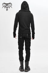 Black Chest Lace Up Vertical Stripes Woolen Splice Bright Crimped Fabric Hooded Men's Punk T-Shirt - Product - 5