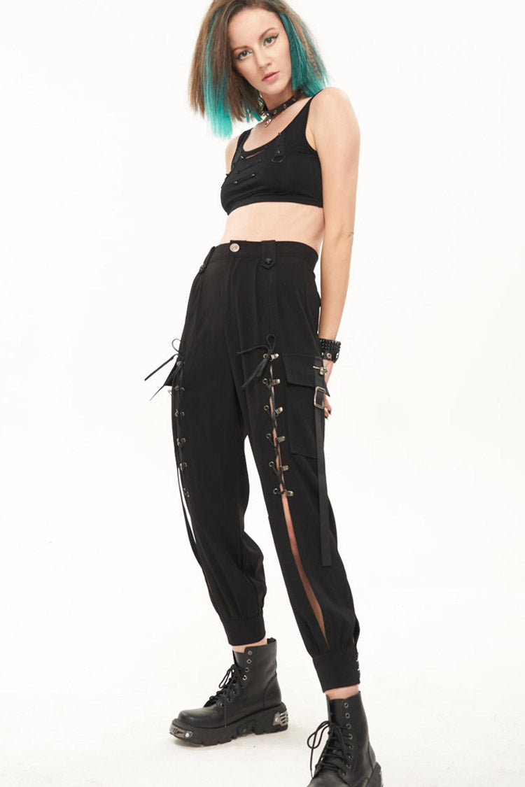 Black Punk Multi Pocket Skull Head Decoration Trouser Leg Opening Tie Women's Long Pants - Product - 5