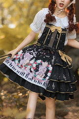 Black Multi-Layer Ruffled Note Bear Print Sweet Lolita JSK Dress - Black - 1