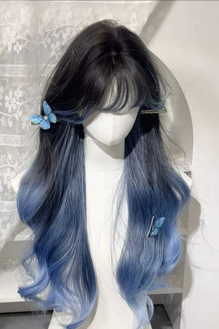 Black/Blue Ombre Curtain Bangs Long Wavy Sweet Lolita Wig - Product - 2