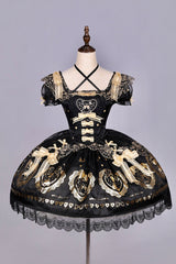 Black/Gold [Sugar Bear] Jacquard Ruffled Bow Lace Sweet Classic Lolita Dress 2 Versions - Product - 10