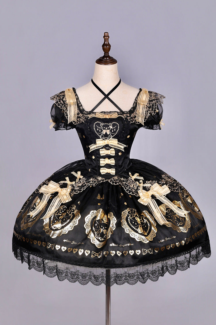 Black/Gold [Sugar Bear] Jacquard Ruffled Bow Lace Sweet Classic Lolita Dress 2 Versions - Product - 10