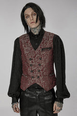 Red Punk Gorgeous V Neck Asymmetrical Relief Sculpture Jacquard Double Row Hand Seam Button Men's Vest - Product - 2