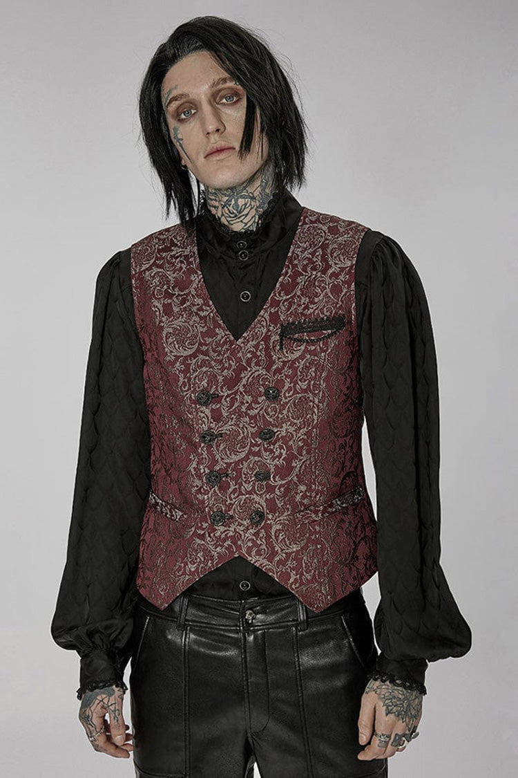 Red Punk Gorgeous V Neck Asymmetrical Relief Sculpture Jacquard Double Row Hand Seam Button Men's Vest - Product - 2