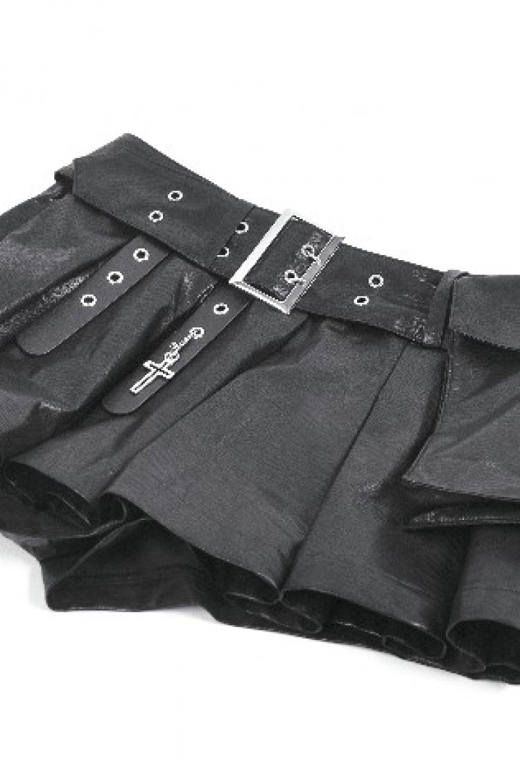 Black Low Waisted Eyelet Women's Punk Shorts with Asymmetric Pleated Belt - Product - 12