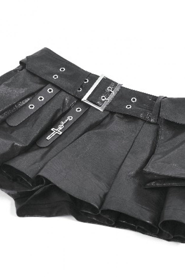Black Low Waisted Eyelet Women's Punk Shorts with Asymmetric Pleated Belt - Product - 12