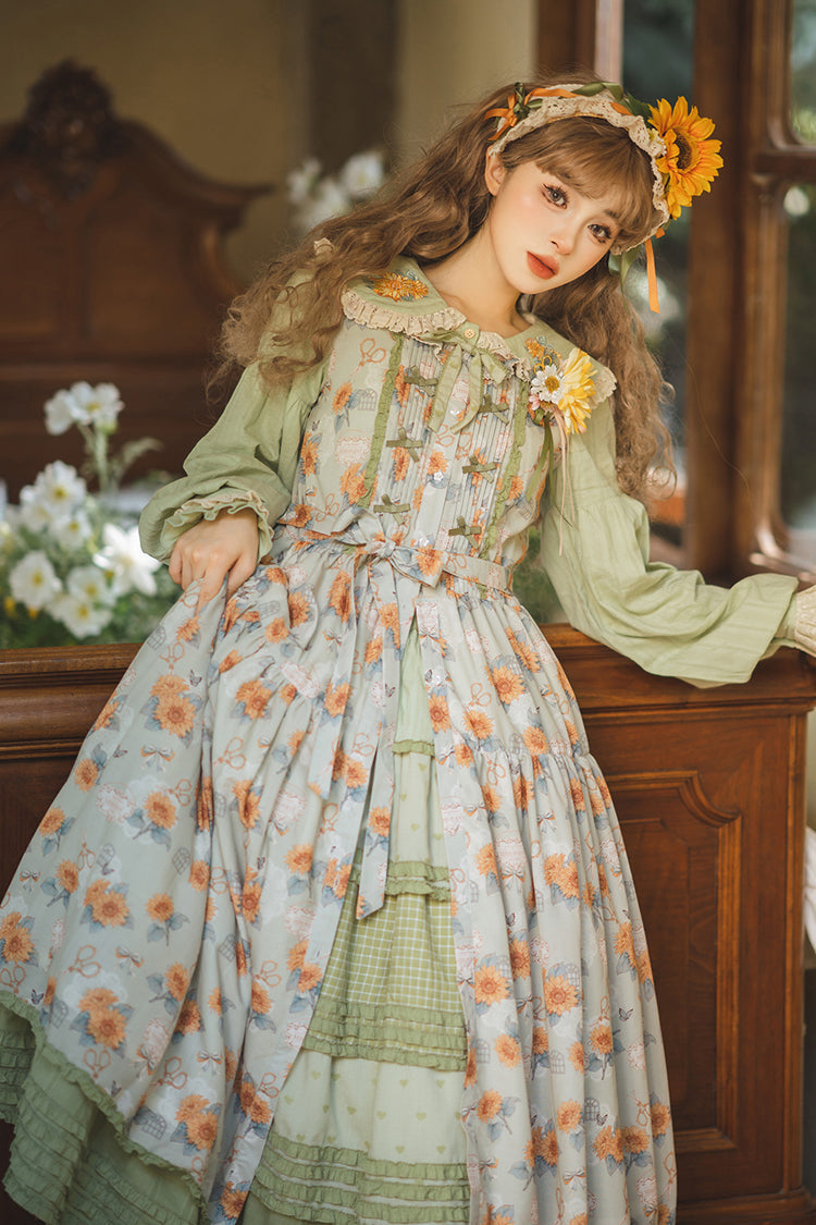 Green [Gardening Sunflower] Sleeveless Print Ruffle Bowknot Sweet Elegant Lolita Jsk Dress - Product - 18