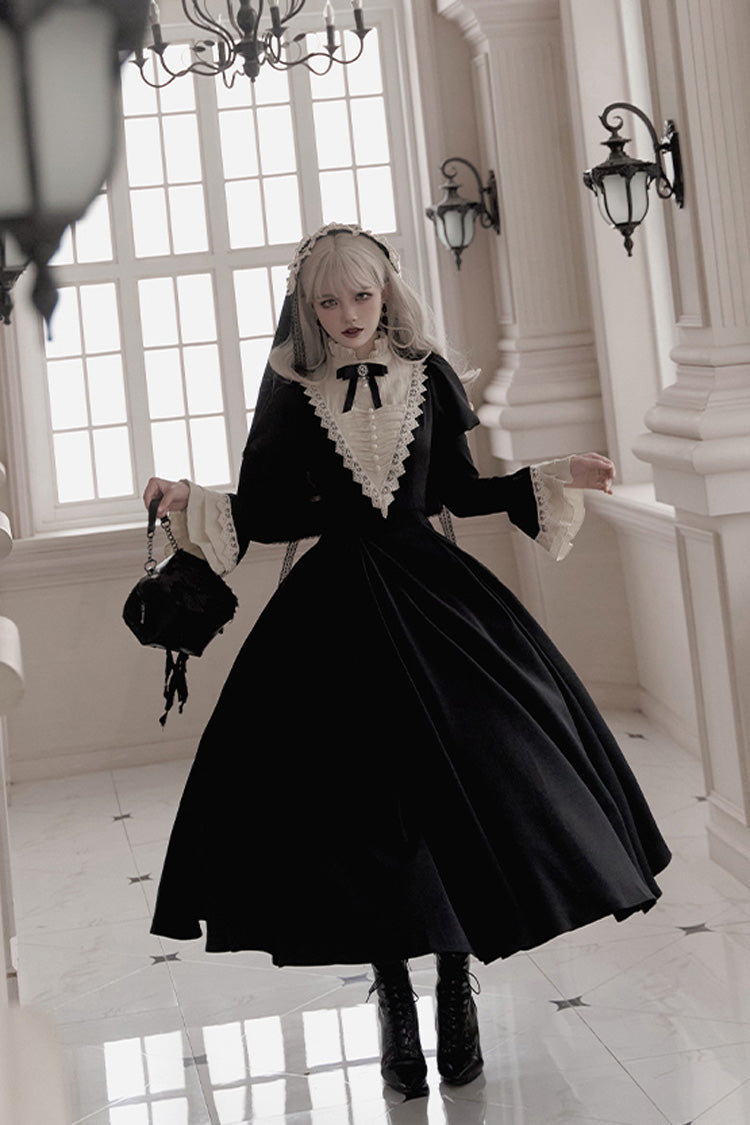 Black [Letters and Poems·Nocturne] Nun Long Sleeves Ruffle Gothic Lolita Long Dress - Product - 5