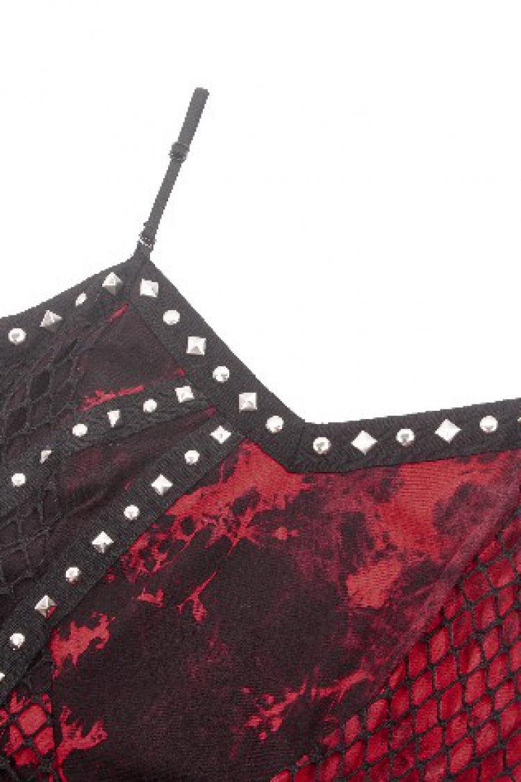 Red Sleeveless Mesh Hem Asymmetric Tie-dyed Women's Punk Slip Dress - Product - 14