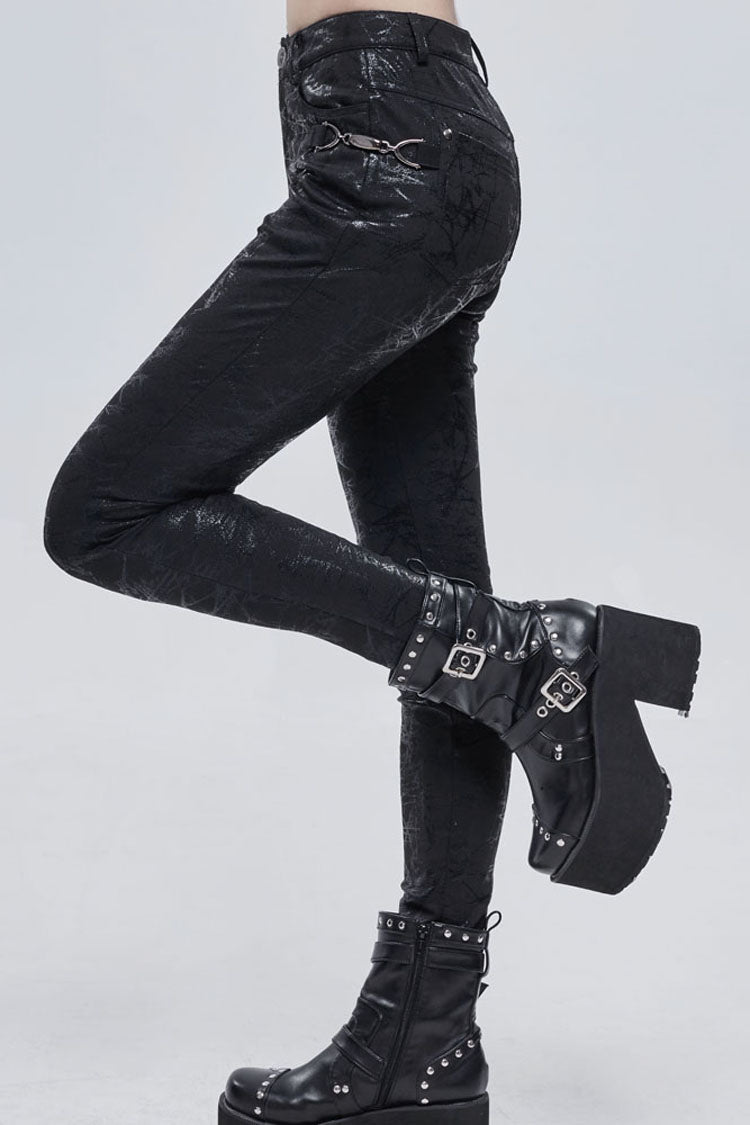 Black Punk Knitted Over Glue Metal Buckle Decoration Elasticity Leather Women's Leggings - Product - 2