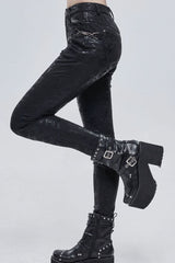 Black Punk Knitted Over Glue Metal Buckle Decoration Elasticity Leather Women's Leggings - Product - 2