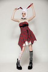 Red Buckled Frayed Asymmetric Hem Women's Punk Grunge Plaid Mini Slip Dress - Red - 1