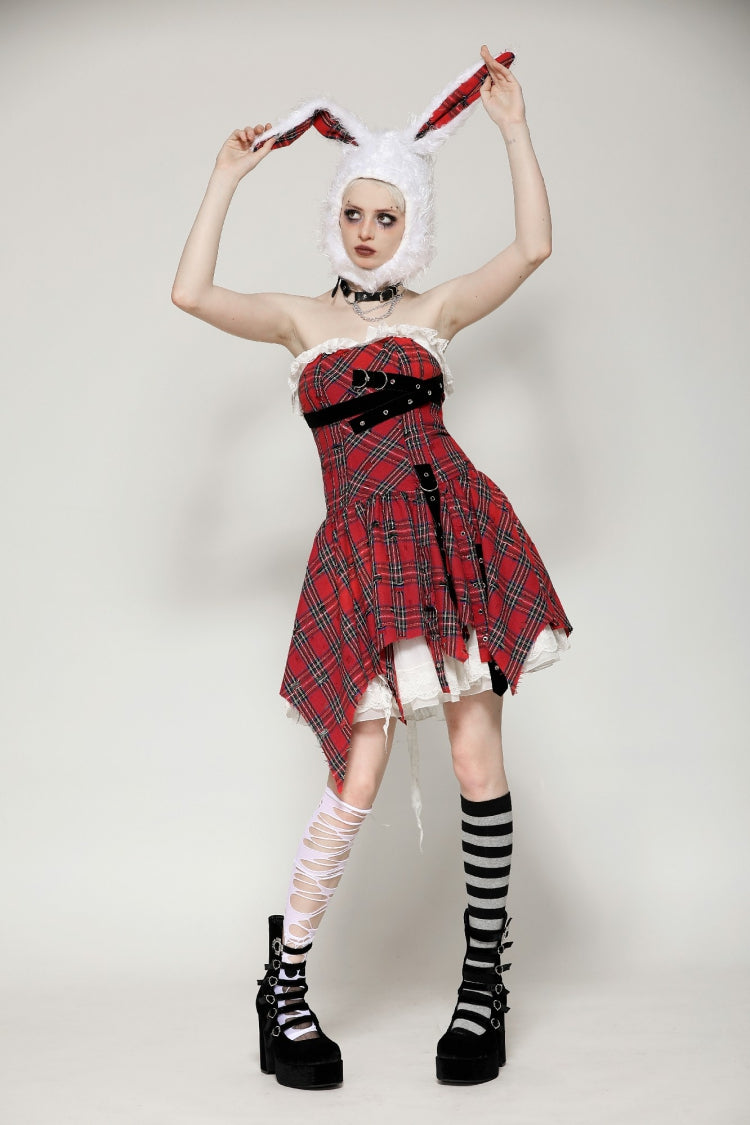 Red Buckled Frayed Asymmetric Hem Women's Punk Grunge Plaid Mini Slip Dress - Red - 1