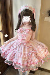 Pink [Gem Love] Sleeveless Triple-Layered Ruffle Bowknot Lace Sweet Ballet Lolita Jsk Dress - Product - 5