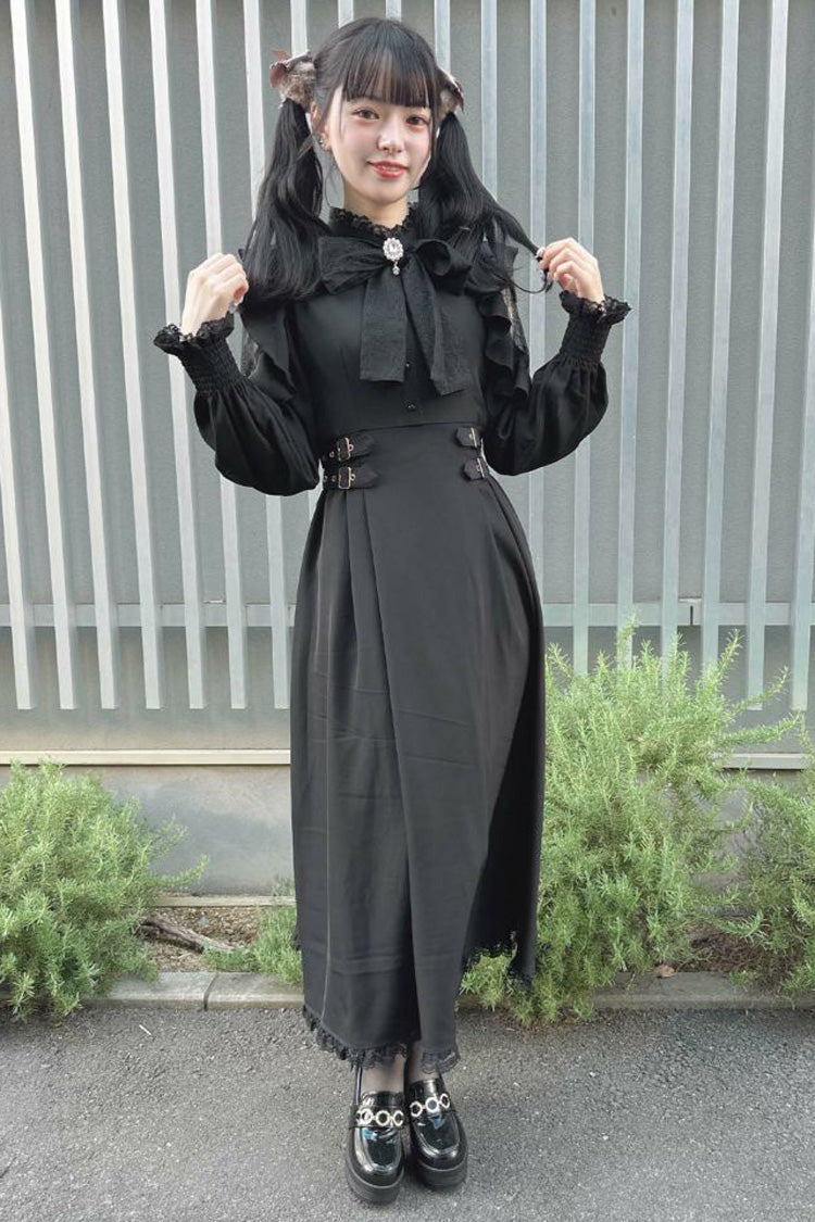 Black Stand Collar Off Shoulder Long Sleeves Hollow Bowknot Slim Jirai Kei Japanese Dress - Product - 4