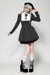 Black/White Striped Ruffled Lace Stand Collar Bow Long Sleeves Lace-Up Women's Gothic Lolita Graduation Dress - Product - 8
