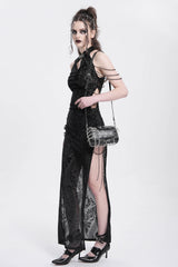 Black Halterneck Sleeveless Cheongsam Collar Side Slit Embroidery Women's Gothic Dress - Product - 9