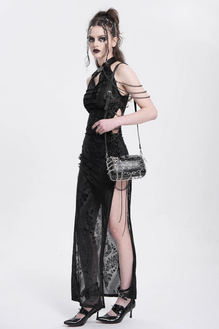 Black Halterneck Sleeveless Cheongsam Collar Side Slit Embroidery Women's Gothic Dress - Product - 9