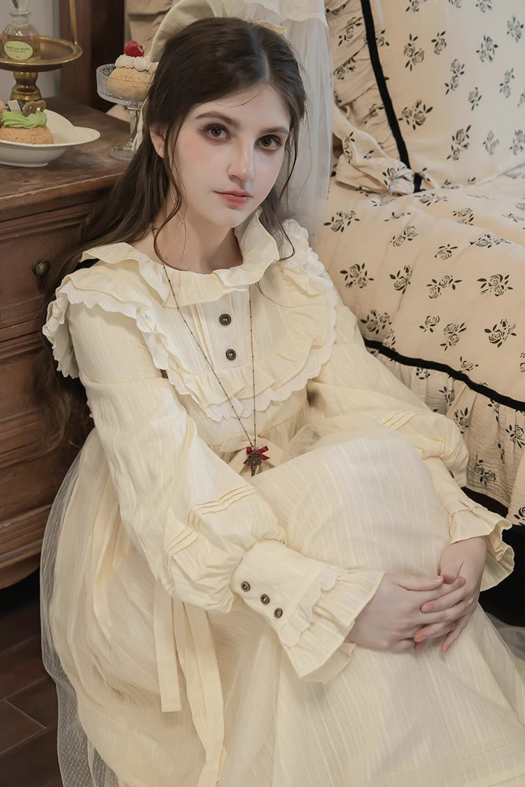 Ivory Long Sleeves Ruffle Bowknot Lace Sweet Lolita Home Wear Nightdress - Product - 6