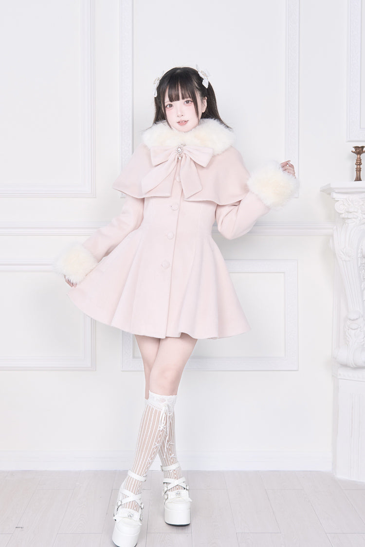 Pink Plush Collar Long Sleeves Bowknot Japanese Sweet Lolita Coat - Product - 11