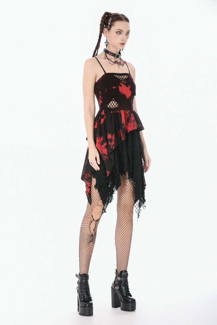 Black/Red Sleeveless Irregular Mesh Tie Dye Women's Punk Slip Dress - Product - 11
