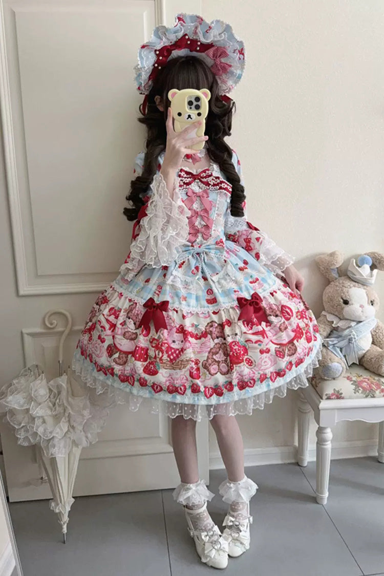 Blue/Red [Sweet Berry Bunny Bear] Half Sleeves Printed Bow Lace Lace-Up Sweet Lolita OP Dress - Product - 4
