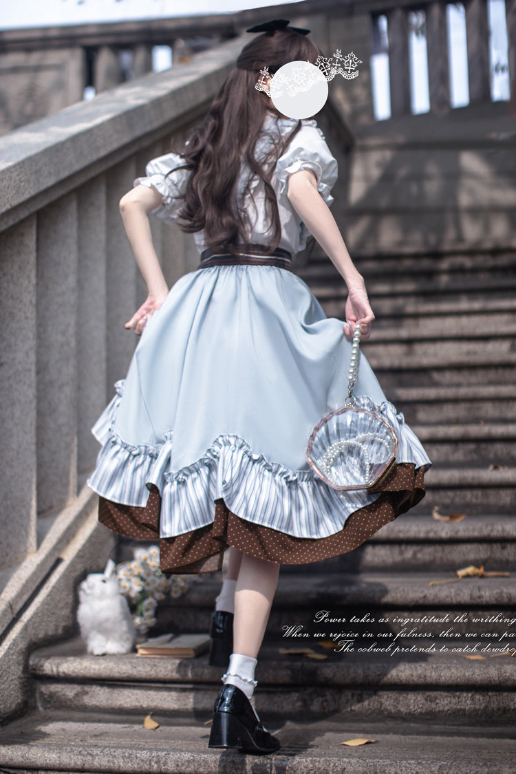 Blue [Magic Vocal Club] Sleeveless Print Ruffle Bowknot Sweet Alice College Style Elegant Lolita Jumper Dress - Product - 12