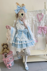 Blue/White Double-Layered Ruffle Bowknot Maid Sweet Lolita Skirt Set - Product - 5