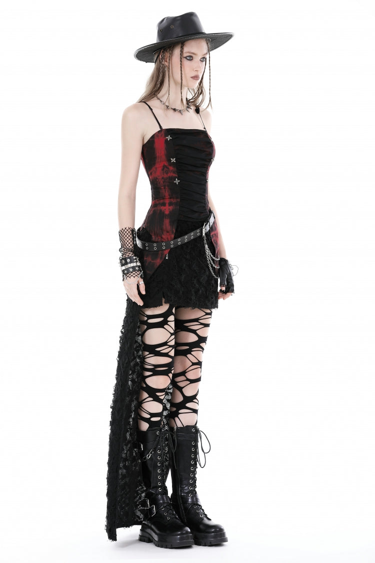 Black/Red Tie-dyed Lace-Up Irregular Ruched Women's Gothic Overbust Corset - Product - 2