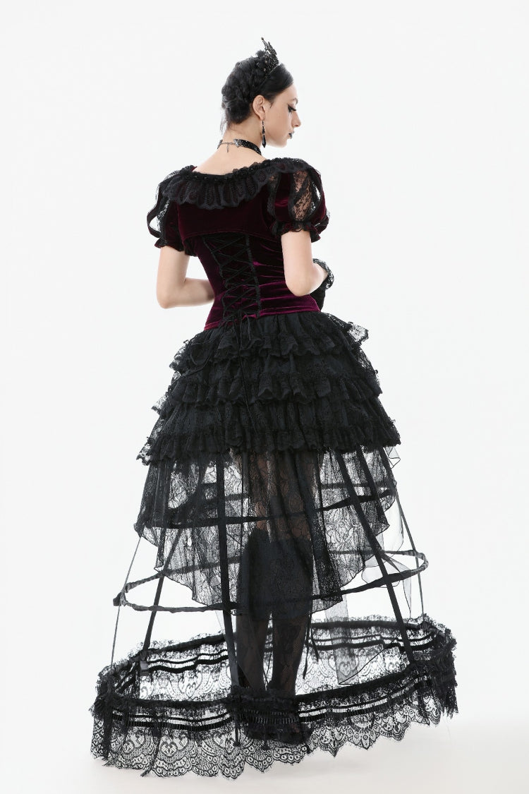 Black Ruffled Doll Collar Short Puff Sleeves Lace-Up Women's Gothic Princess Velvet Cape - Product - 4