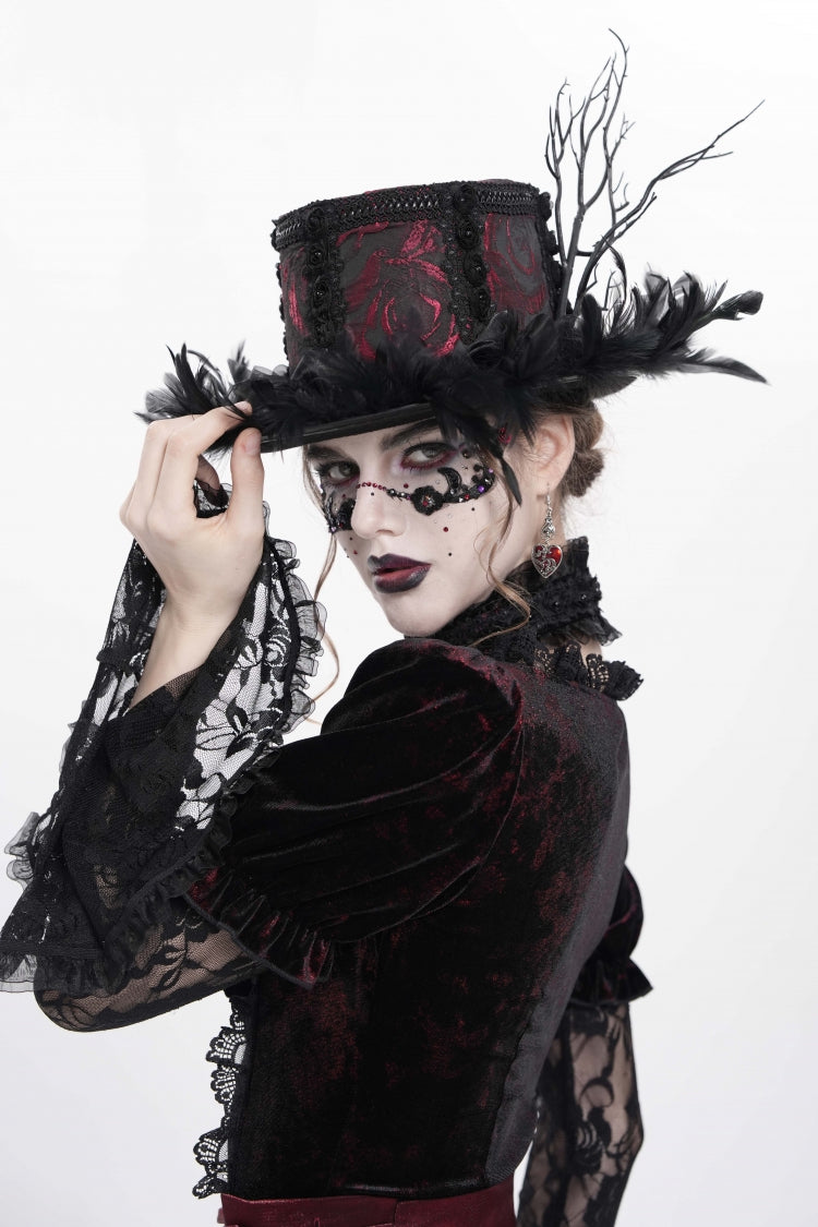 Red Embroidered Women's Gothic Gorgeous Floral Feather Hat - Product - 11