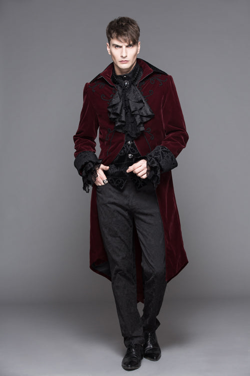 Red Party Fake Two Pieces Velvet Mens Gothic Long Coat - Product - 4