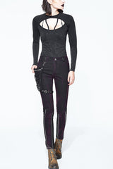 Black Distressed Right Side Detachable Bag Women's Punk Pants - Black - 1