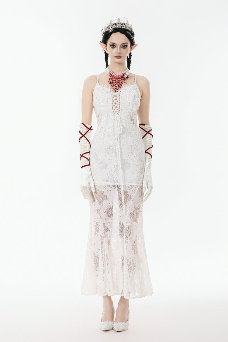 White Sleeveless Lace Lace-Up Women's Gothic Slip Dress Mermaid Wedding Dress - Product - 5