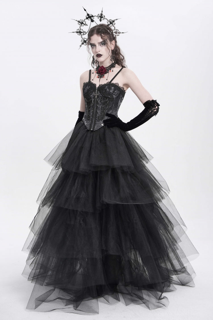 Black Sleeveless Embroidery Lace Chain Women's Gothic Vest - Product - 13