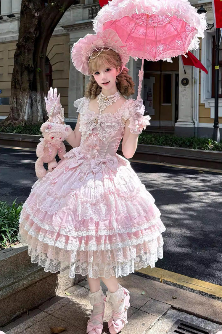 Pink [Moonlit Sakura Ode] Sleeveless Multi-Layered Ruffled Bow Lace Sweet Lolita Dress - Product - 5