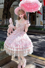 Pink [Moonlit Sakura Ode] Sleeveless Multi-Layered Ruffled Bow Lace Sweet Lolita Dress - Product - 5