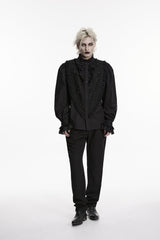 Black Stand Collar Long Puff Sleeves Embroidered Lace Men's Shirt - Product - 1