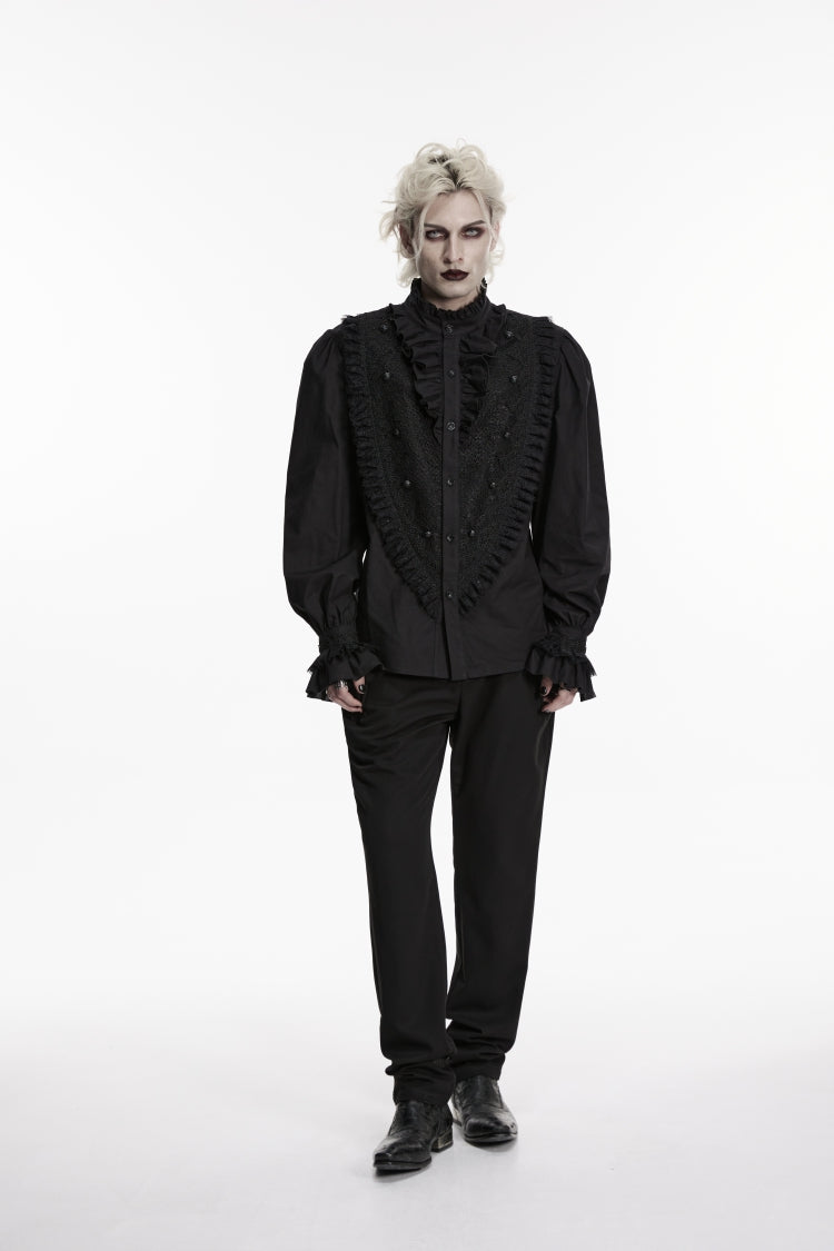 Black Stand Collar Long Puff Sleeves Embroidered Lace Men's Shirt - Product - 1