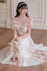 White Floral Pattern Square Collar Short Puff Sleeves Ruffled Open-Front Spliced Sweet Lolita Dress - Product - 15