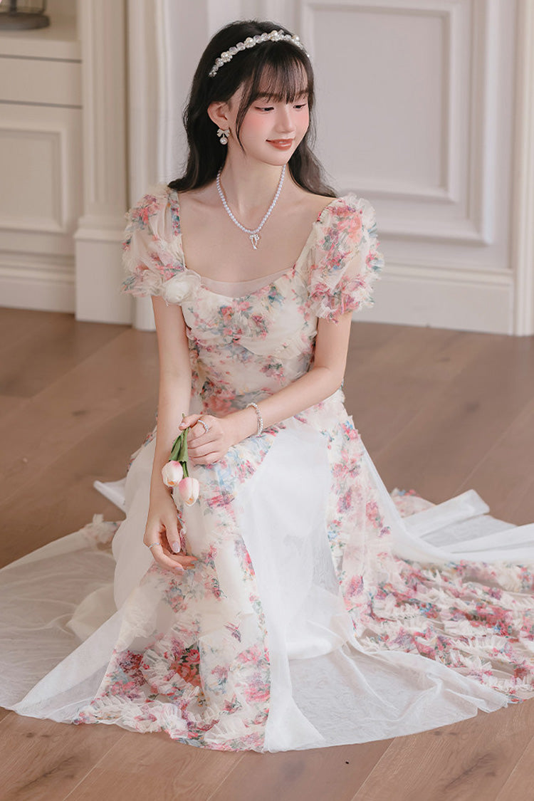 White Floral Pattern Square Collar Short Puff Sleeves Ruffled Open-Front Spliced Sweet Lolita Dress - Product - 15
