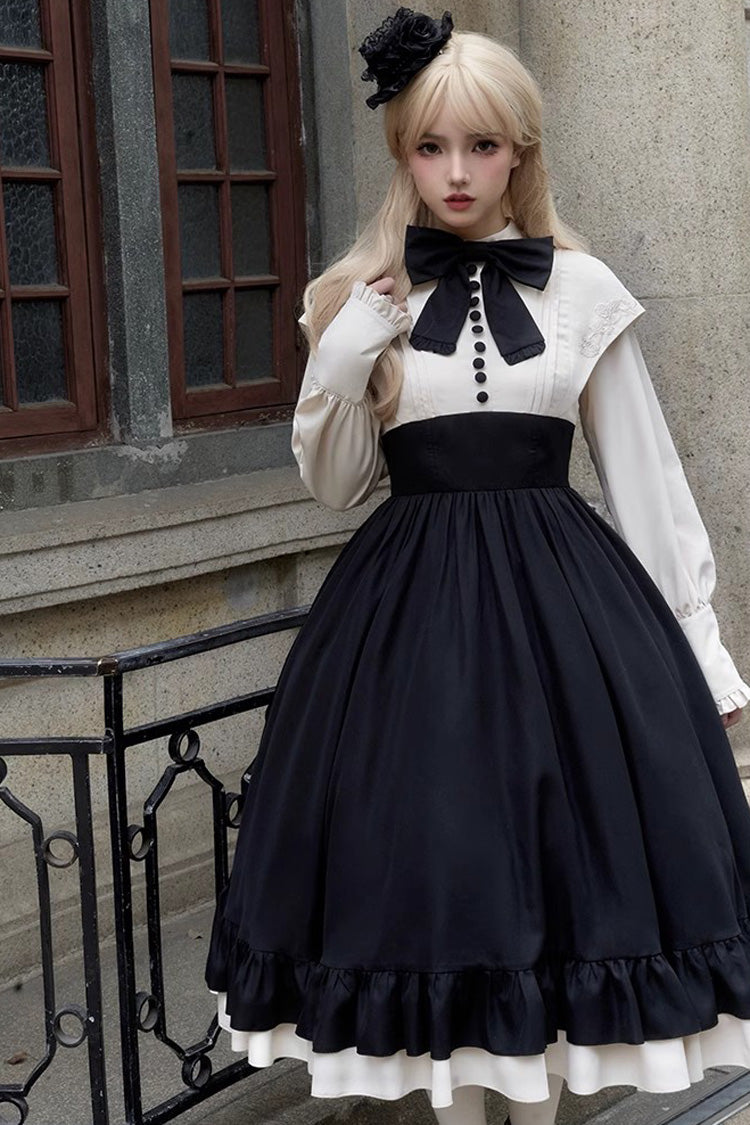Rose Embroidery Long Sleeves Ruffle Bowknot Fake Two Pieces Elegant Lolita Dress 2 Colors - Product - 6