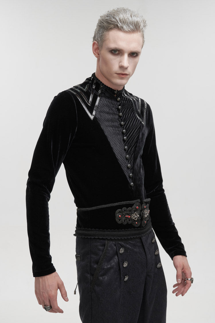 Black Round Collar Long Sleeves Stripes Splice Velvet Men's Gothic Shirt - Product - 2